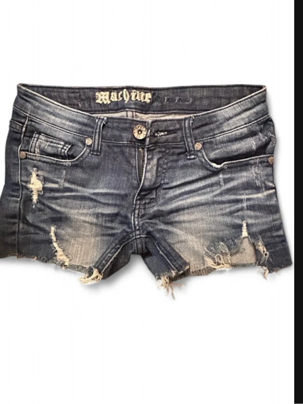 Machine Distressed Dark Wash Denim Cutoff Shorts